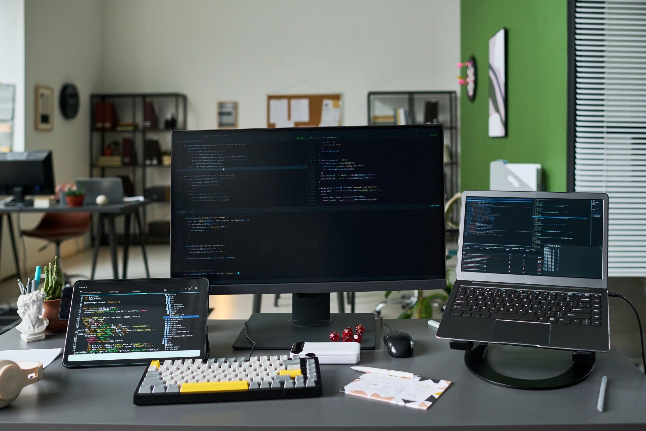 Technology workspace with code and digital systems