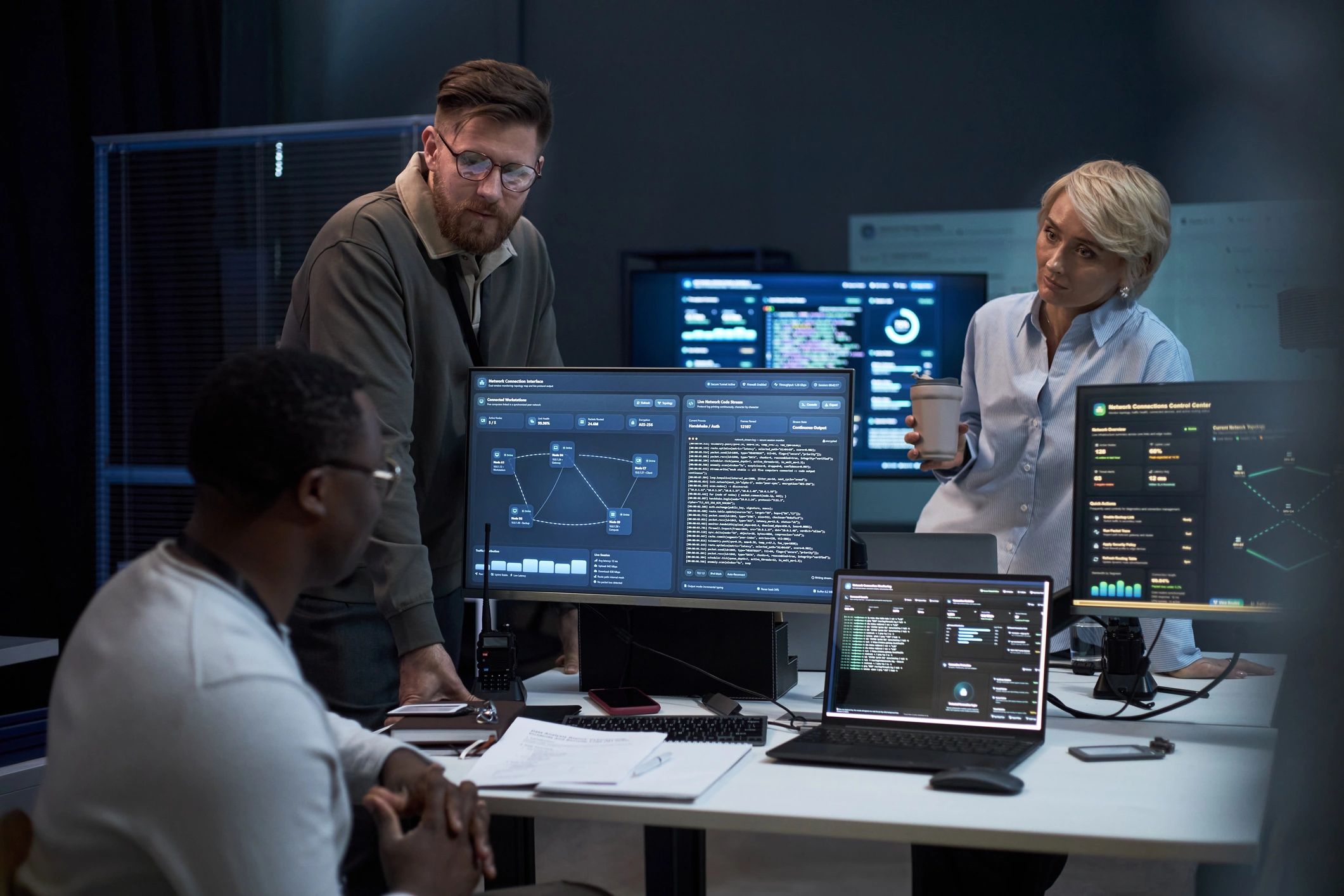 Cybersecurity team monitoring operations center screens